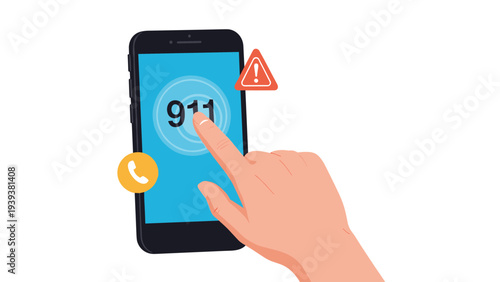 Finger pressing the 911 emergency number on a mobile phone screen for immediate help and assistance during crisis.