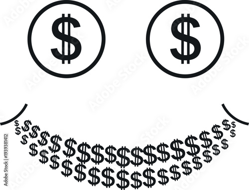 Happy smiley face made of dollar signs representing wealth and financial success