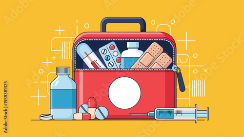 Open first aid kit containing medical supplies like pills, bandages, syrup, and a syringe on a bright yellow background.