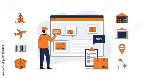 Man interacting with a software interface for tracking packages and managing a global supply chain and logistics operations.