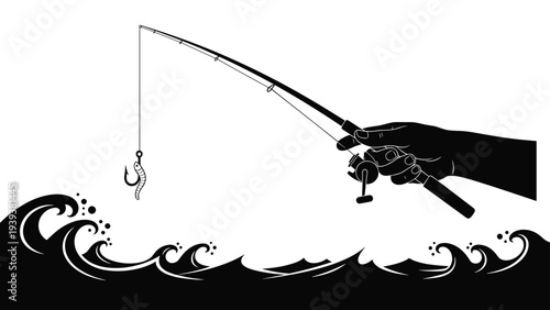 Silhouette of a hand holding a fishing rod with a worm bait on a hook above the ocean waves during outdoor activity.