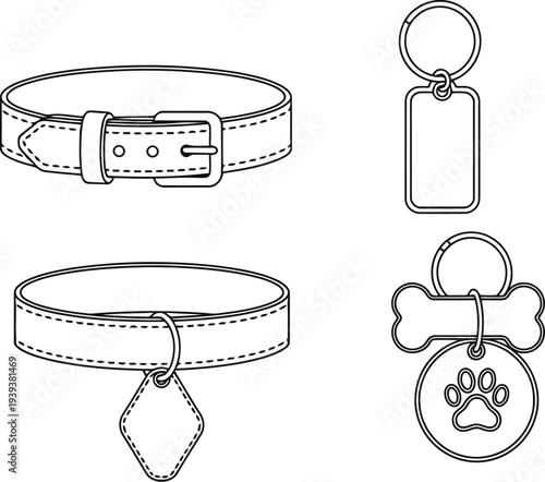Hand drawn sketch of two dog collars and two pet id tags with paw print