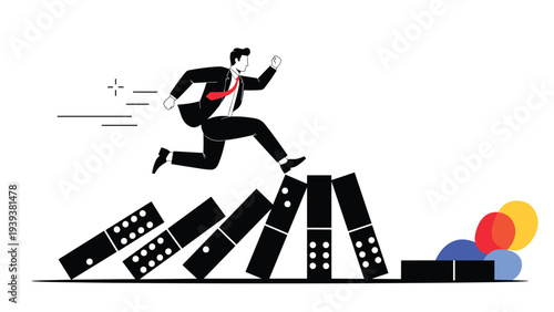 Businessman in a suit jumping over falling dominoes to avoid failure and stay successful during a corporate crisis.