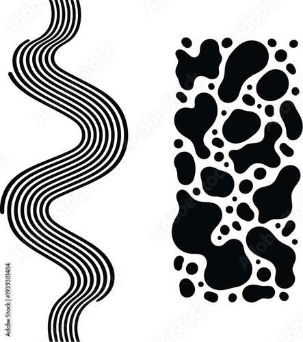 Abstract black and white wavy lines and organic blotch pattern on white background