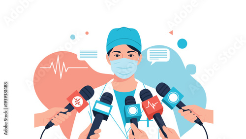 Medical professional or doctor wearing a face mask giving an interview with many microphones during a press conference.