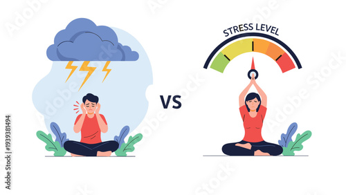 Comparison between stress and meditation showing a person under a storm cloud versus practicing yoga for wellness.