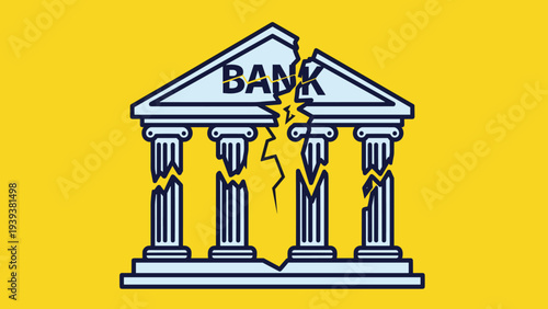 Bank building with large cracks and breaking into pieces symbolizing economic collapse or failure on yellow background.
