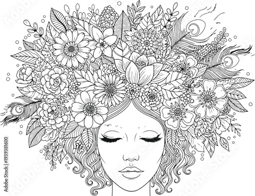 Beautiful woman with large afro hair filled with intricate floral botanical designs