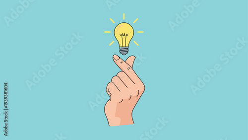 Finger heart hand sign with a bright yellow light bulb above it on a light blue background for creative ideas.