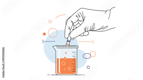 Laboratory experiment showing a gloved hand dipping a litmus paper into a beaker with orange liquid for testing.