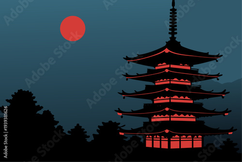 Traditional Japanese Pagoda Temple Silhouette with Red Sun Vector for Asian Travel Marketing Cultural Branding and Wellness Tourism Design