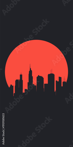 Minimalist Vertical City Skyline Silhouette with Large Red Sun for Mobile App UI Design Social Media Stories and Cyberpunk Tech Branding Background