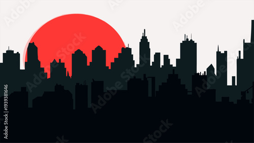 Modern City Skyline Silhouette with Large Red Sun Minimalist Urban Landscape Vector for Real Estate Business Branding and Corporate Development