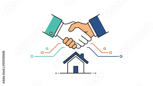 Handshake above a house icon with digital lines representing a smart home or real estate deal between partners.