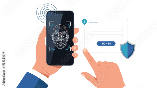 Facial recognition biometric security scan on a mobile phone screen for authentication and data protection online.