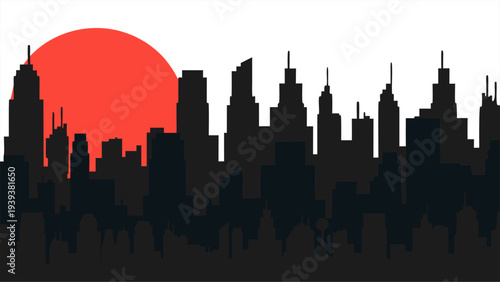 Modern City Skyline Silhouette with Large Red Sun Minimalist Urban Landscape Vector for Real Estate Business Branding and Corporate Development