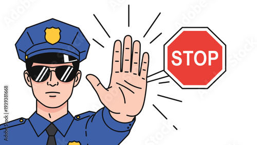 Police officer in uniform and sunglasses making a stop gesture with his hand and a red sign for public safety.