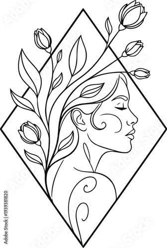 Elegant line art botanical illustration of delicate flowers and leaves within a diamond shape