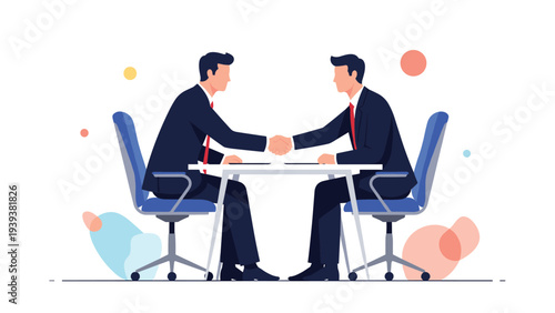 Two professional businessmen in suits shake hands over a conference table to finalize a successful corporate deal and partnership.