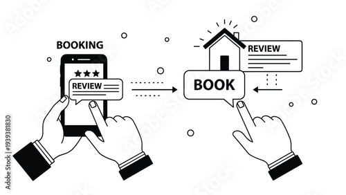Close up of hands using a smartphone to book a property and leave a review on a mobile app interface for real estate services.