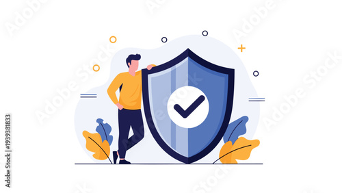 Young man leaning against a giant blue shield with a white checkmark symbol representing security, insurance, and protection.