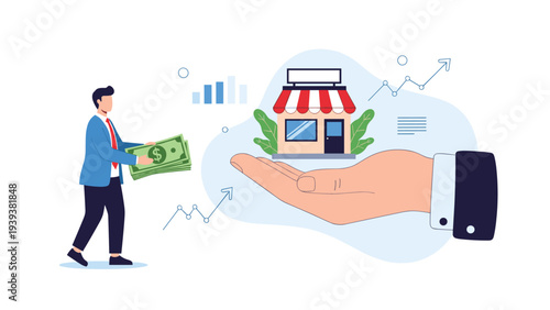 Small business owner giving cash to a large hand holding a store building representing investment, funding, or buying a shop.