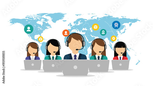 Professional customer support team wearing headsets and working on laptops with a world map background for global assistance.