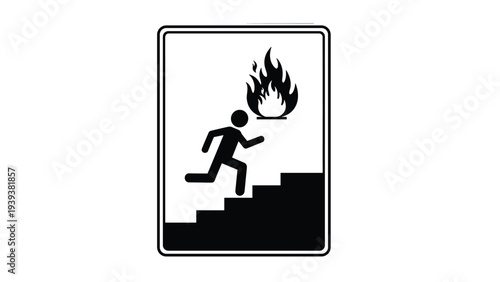 Emergency exit safety sign showing a person running down a set of stairs to escape a fire symbol in a black and white design.