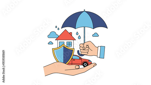 Safety and security concept showing a large hand holding an umbrella over a house, car, and blue shield to provide protection.