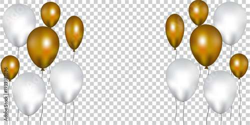 Gold confetti and ribbon balloons, celebrations banner and backgrounds