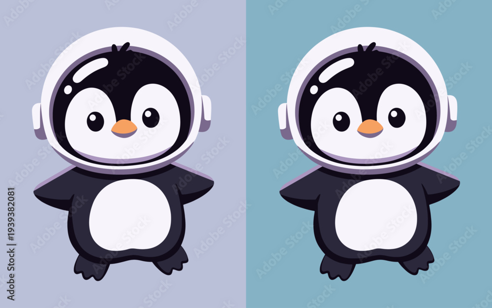 Fototapeta premium A pair of adorable penguin astronauts, fully geared up in sleek space helmets, embark on an imaginative cosmos exploration, their contrasting backgrounds.