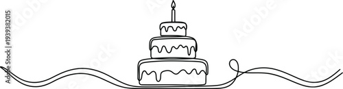 Elegant single line drawing of a tiered birthday cake with a single candle and decorative ribbon