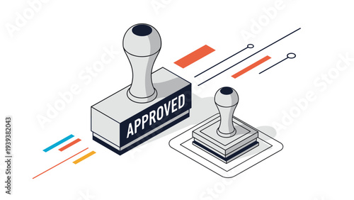 Two rubber stamps with one showing an approved mark in an isometric view representing official validation and documentation.