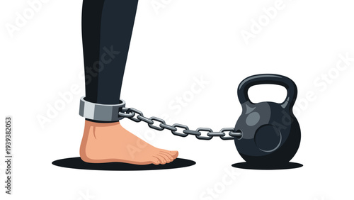 Human leg with a metal shackle chained to a heavy black kettlebell weight representing the burden of debt and imprisonment.