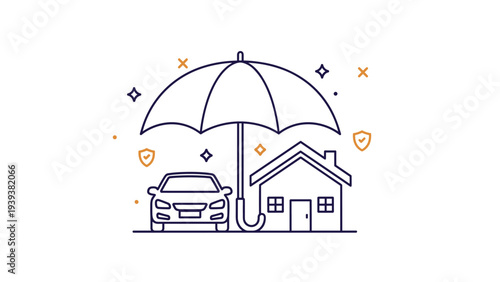 Safety and insurance concept showing a large umbrella sheltering a car and a house with small shield icons for protection.