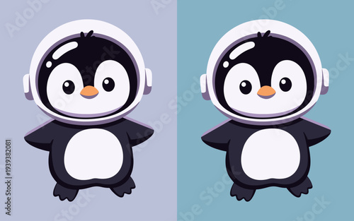 A pair of adorable penguin astronauts, fully geared up in sleek space helmets, embark on an imaginative cosmos exploration, their contrasting backgrounds.