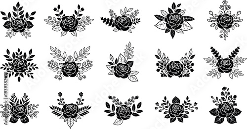 Rose floral silhouette collection with decorative leaves and botanical flower arrangements isolated vector set for tattoo design wedding decoration and elegant ornament