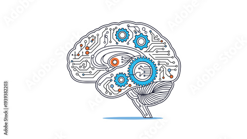 Human brain illustration filled with electronic circuits and mechanical gears representing artificial intelligence and logic.