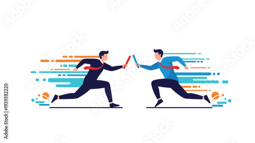 Two businessmen in suits running a relay race and passing a baton representing teamwork, speed, and corporate cooperation.