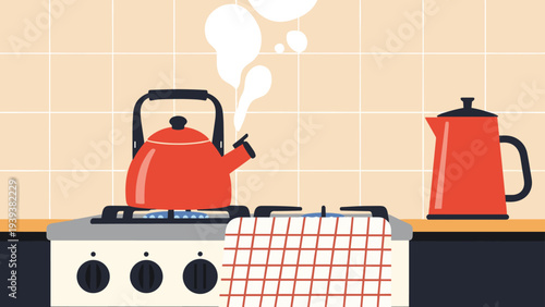 Kitchen scene with a red kettle boiling on a gas stove and a red coffee pot on the counter representing domestic cooking.