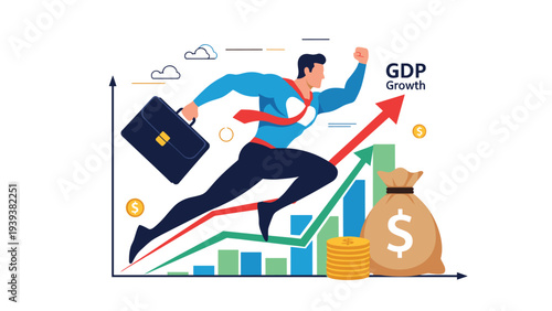 Superhero businessman flying over a rising GDP growth chart with bags of gold coins representing economic success and power.