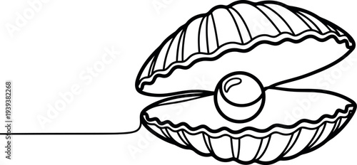 Elegant single line drawing of an open oyster shell revealing a perfect pearl inside