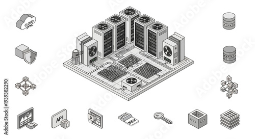 Isometric illustration of a data center infrastructure with server racks, cooling systems, and various technology icons representing cloud, security, and networking concepts.