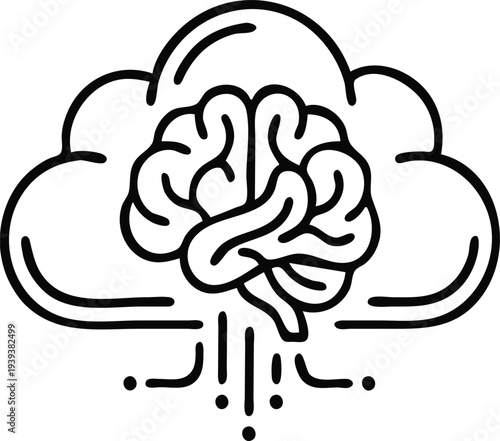 AI cloud icon with brain symbol inside cloud. Cloud computing artificial intelligence concept, line style for technology design