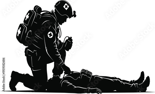 Black silhouette of a medic kneeling beside a patient on the ground white