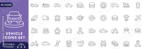 Vehicle icon set. Containing car, bike, plane, train, bicycle, motorbike, bus, scooter, Etc. Fully Editable. Vector illustration.