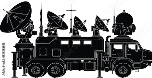 Black truck with satellite dishes and antennas on vehicle