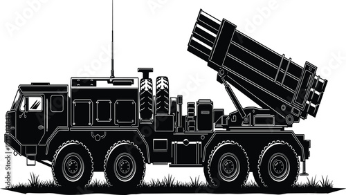 Black truck with missile launcher on grassy field military vehicle heavy duty tires