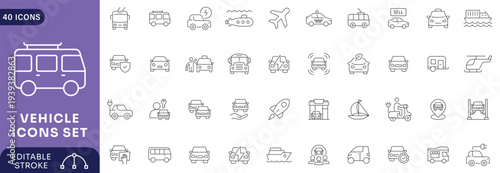 Vehicle icon set. Containing car, bike, plane, train, bicycle, motorbike, bus, scooter, Etc. Fully Editable. Vector illustration.