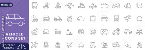 Vehicle icon set. Containing car, bike, plane, train, bicycle, motorbike, bus, scooter, Etc. Fully Editable. Vector illustration.